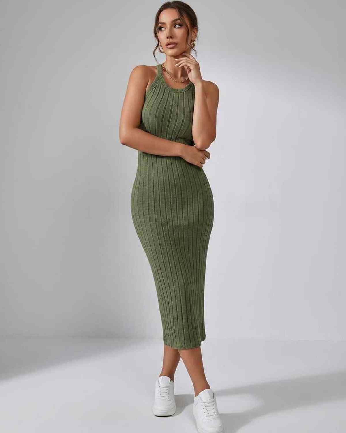 Lunara Midi Dress by Lauven — ribbed knit sleeveless crew neck slim-fit midi dress