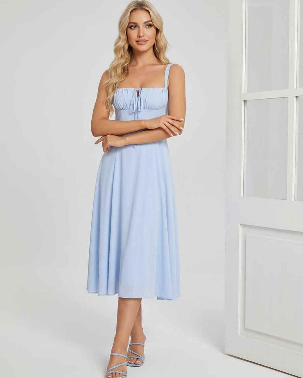 Serelune Midi Dress by Lauven — lightweight sleeveless square neck A-line midi dress