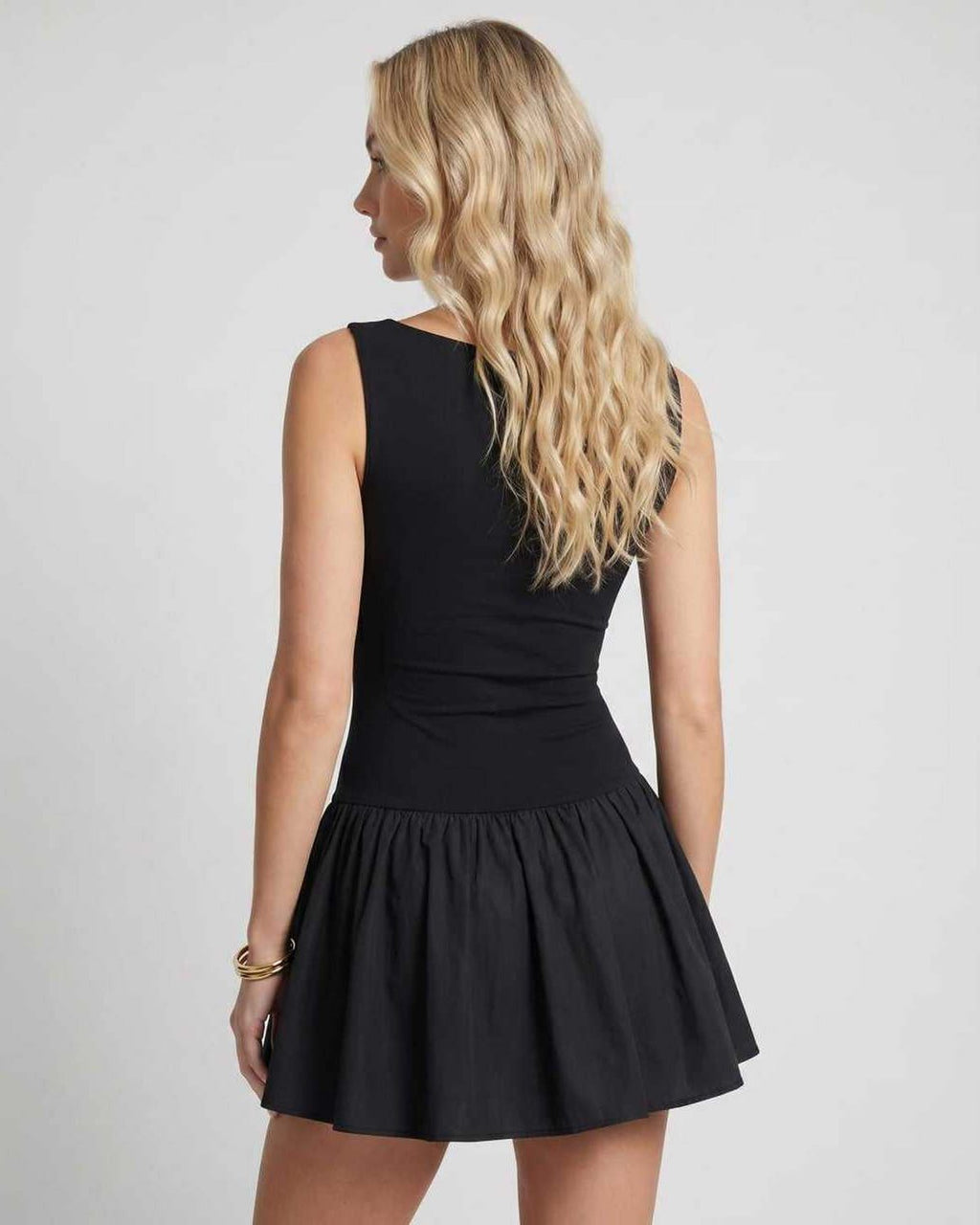 Vesper Mini Dress by Lauven — stretch knit sleeveless bateau neck drop waist pleated mini dress