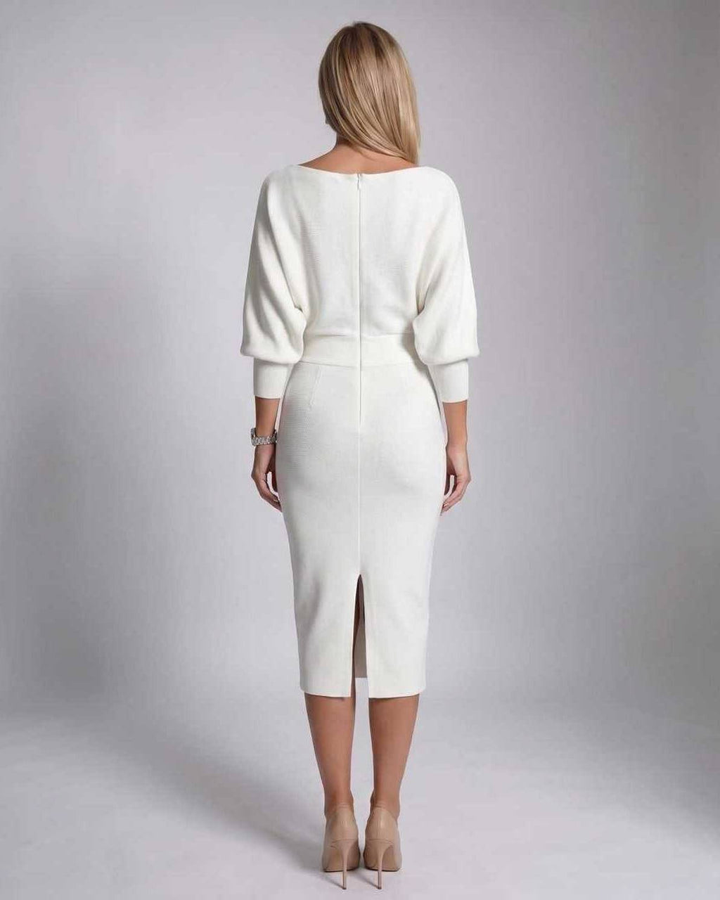 Serene Midi Dress by Lauven — knit batwing sleeve cowl neck fitted midi dress
