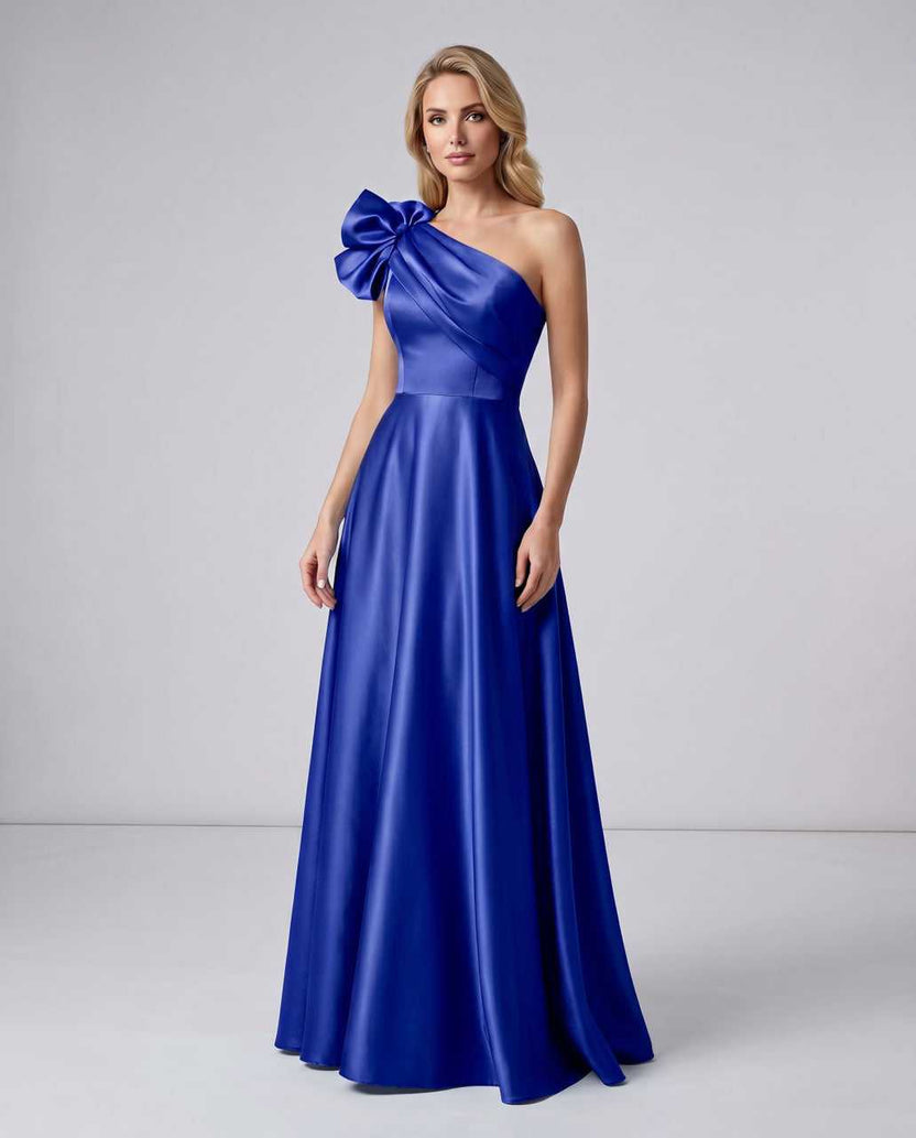 Aurevina Maxi Dress by Lauven — blue satin one shoulder A-line maxi dress with ruffle detail