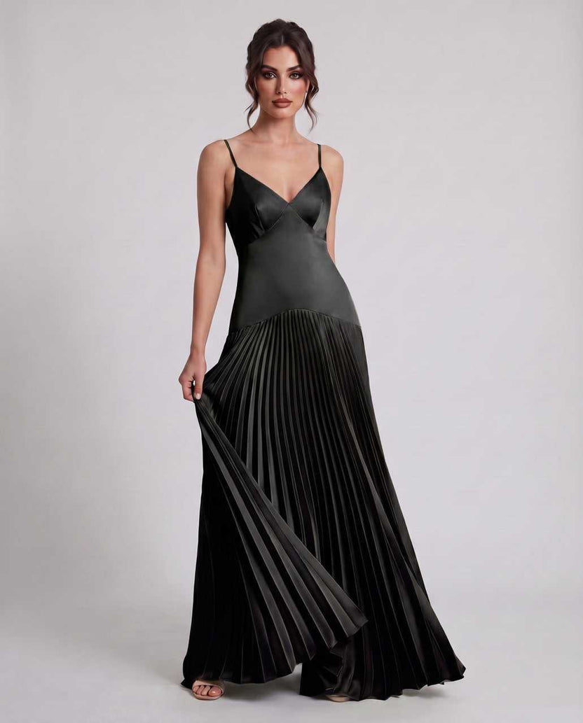 Veloura Maxi Dress by Lauven — black satin spaghetti strap V-neck A-line maxi dress