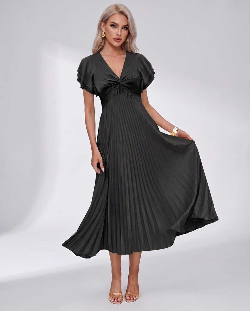 Veloura Midi Dress by Lauven — black pleated chiffon flutter sleeve V-neck A-line midi dress