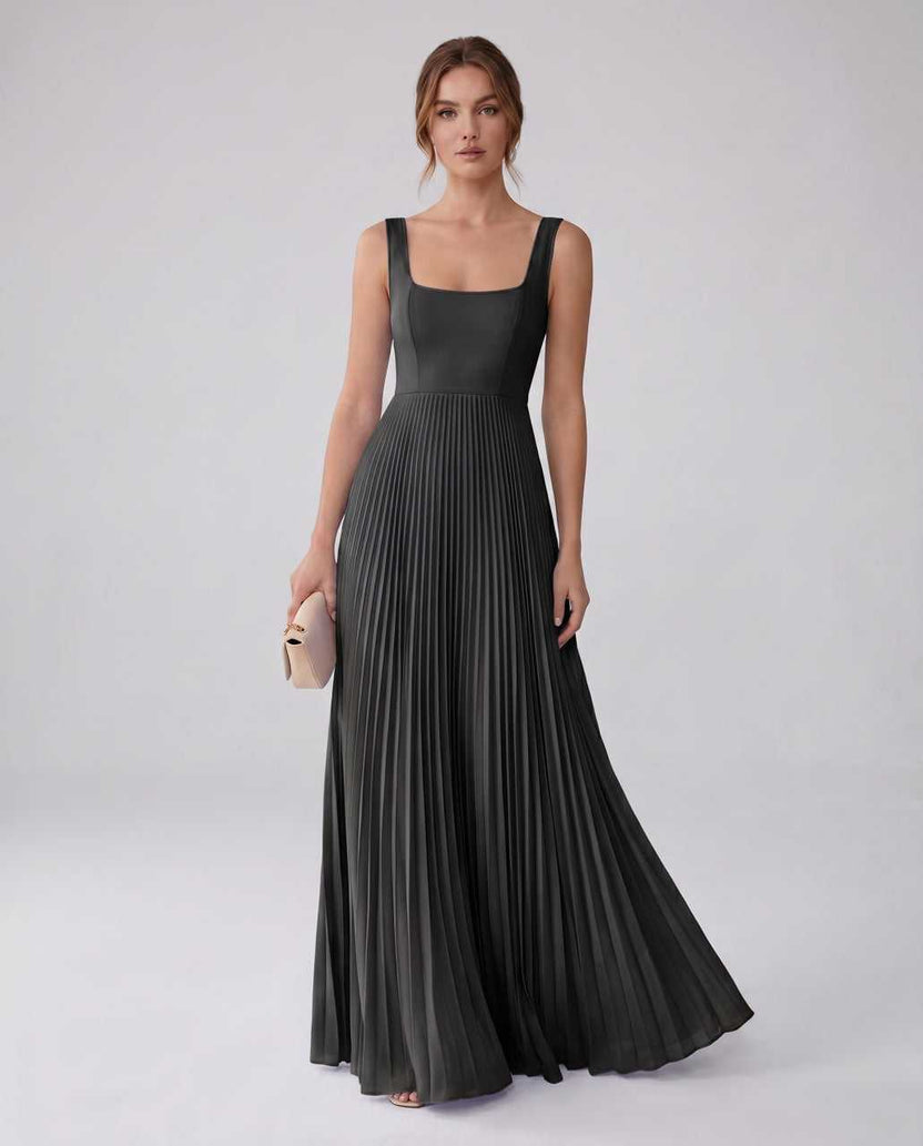 Veloura Maxi Dress by Lauven — black satin chiffon sleeveless square neck pleated A-line maxi dress