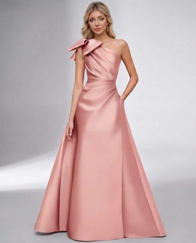 Celestia Maxi Dress by Lauven — blush satin one shoulder A-line maxi dress with bow