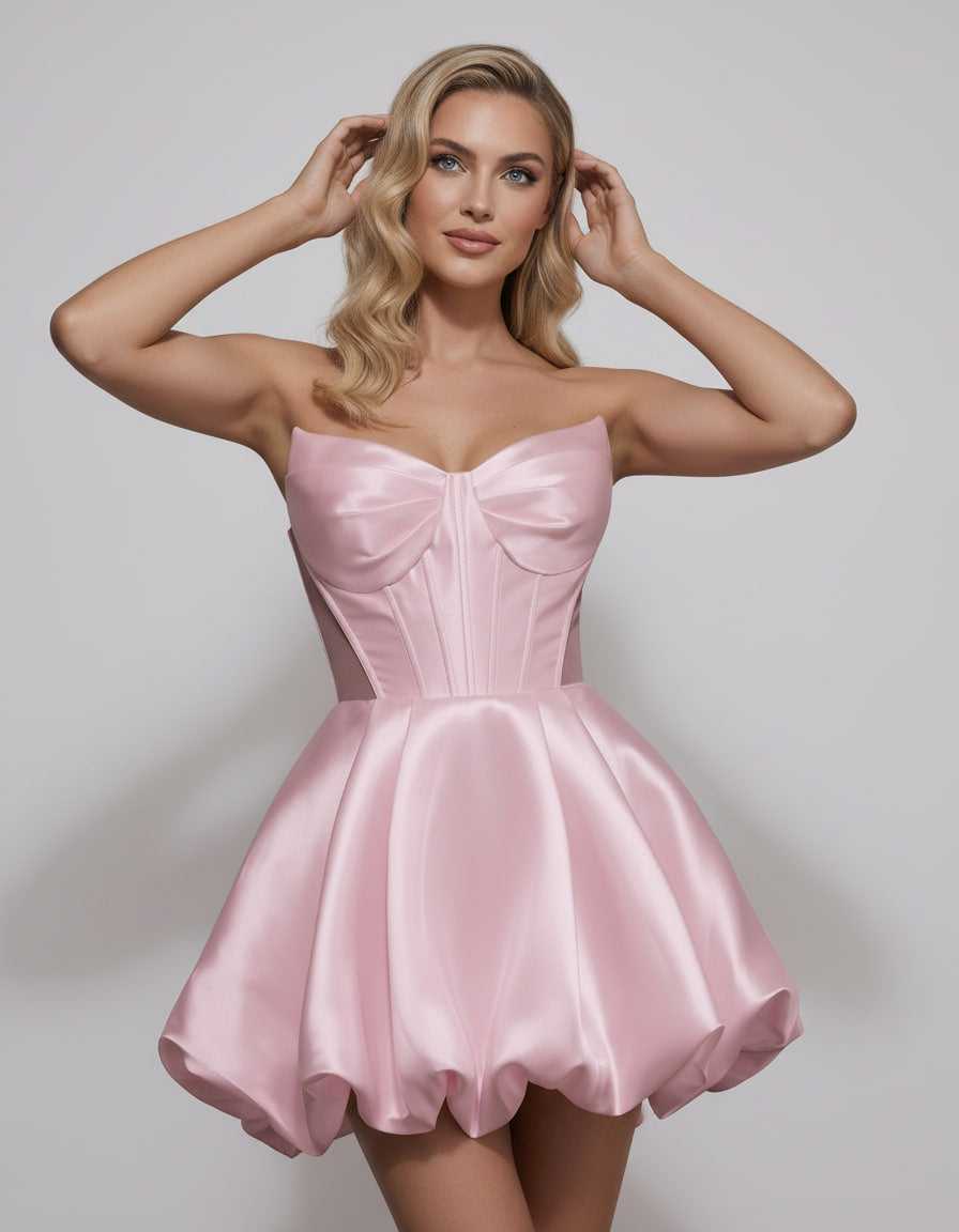 Veloura Mini Dress by Lauven — satin strapless sweetheart A-line mini dress