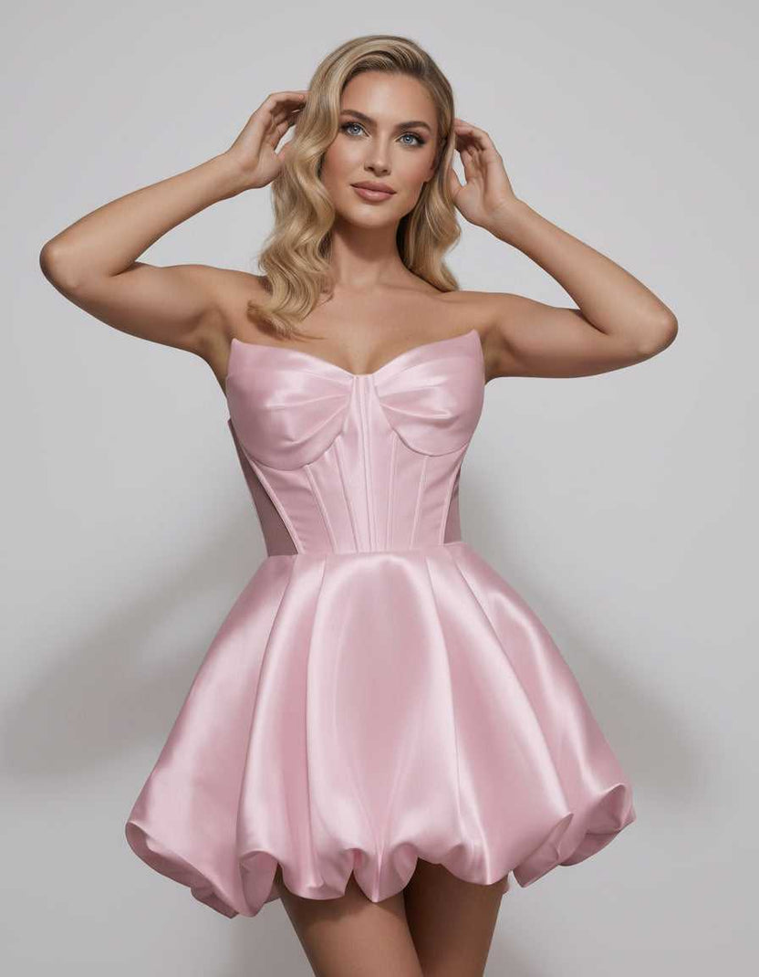 Veloura Mini Dress by Lauven — satin strapless sweetheart A-line mini dress
