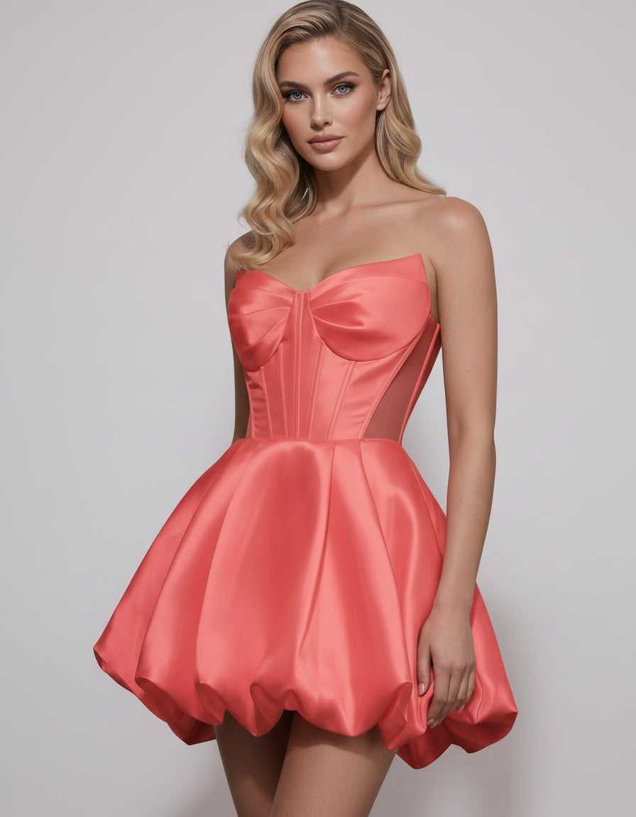 Veloura Mini Dress by Lauven — satin strapless sweetheart A-line mini dress