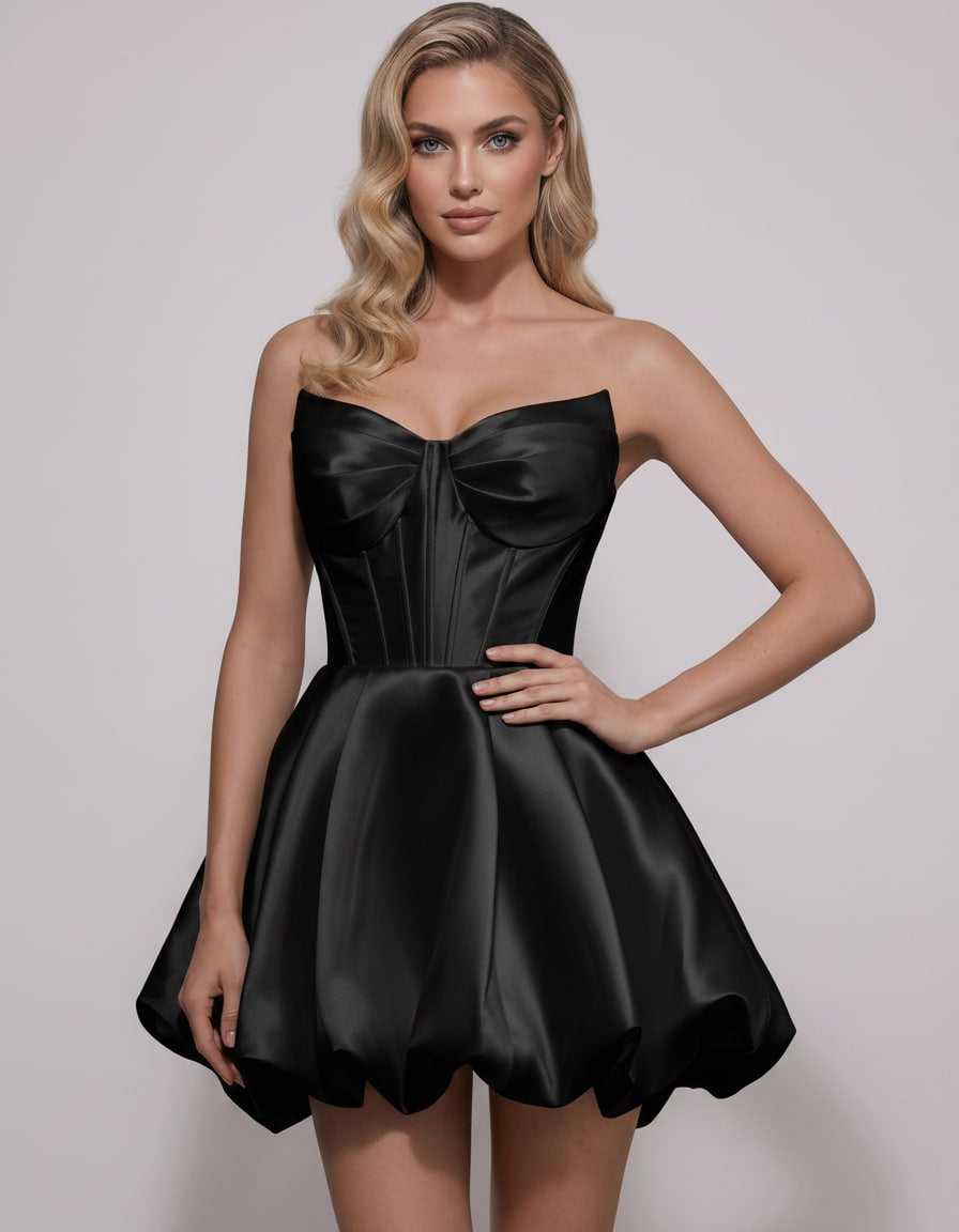 Veloura Mini Dress by Lauven — satin strapless sweetheart A-line mini dress