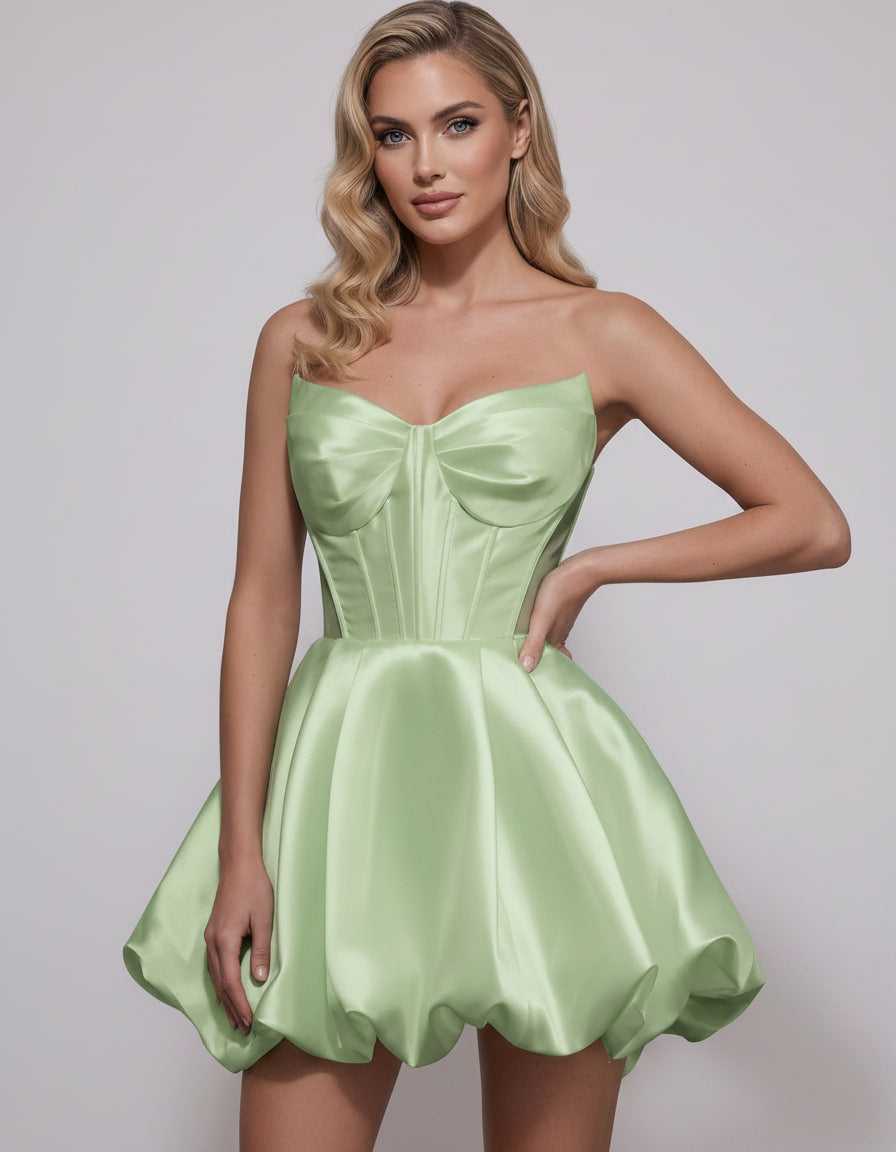 Veloura Mini Dress by Lauven — satin strapless sweetheart A-line mini dress