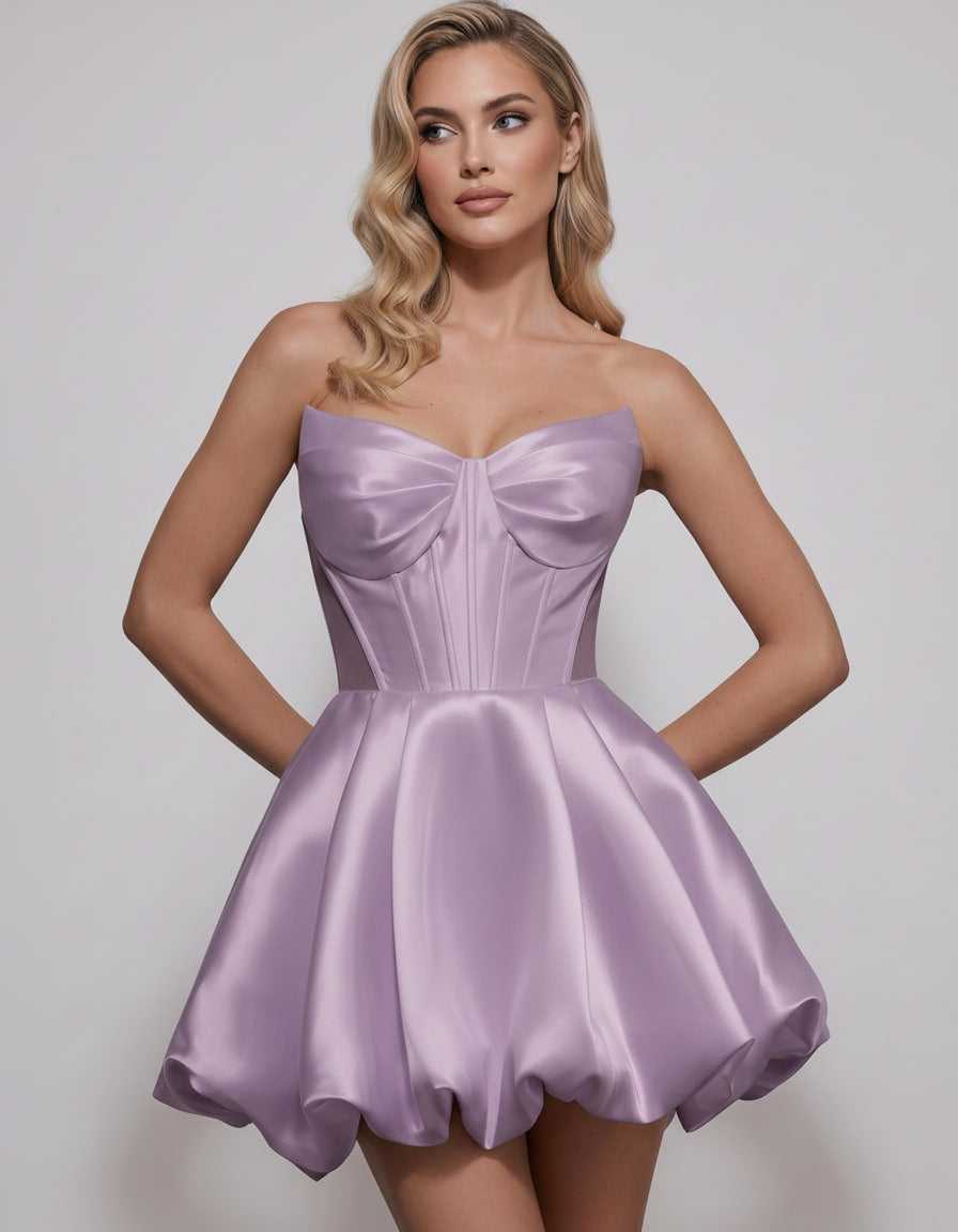 Veloura Mini Dress by Lauven — satin strapless sweetheart A-line mini dress