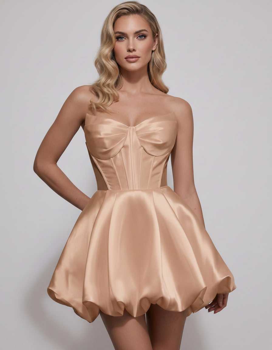 Veloura Mini Dress by Lauven — satin strapless sweetheart A-line mini dress