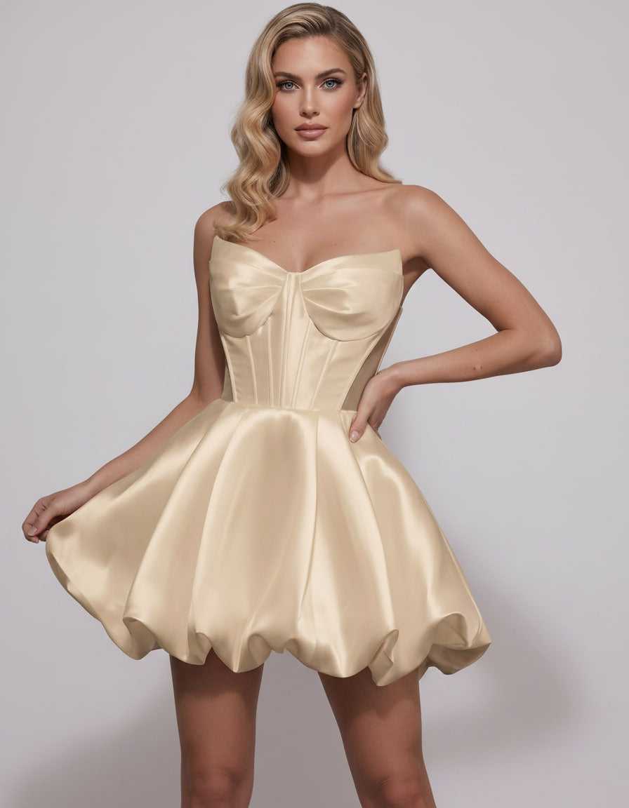 Veloura Mini Dress by Lauven — satin strapless sweetheart A-line mini dress