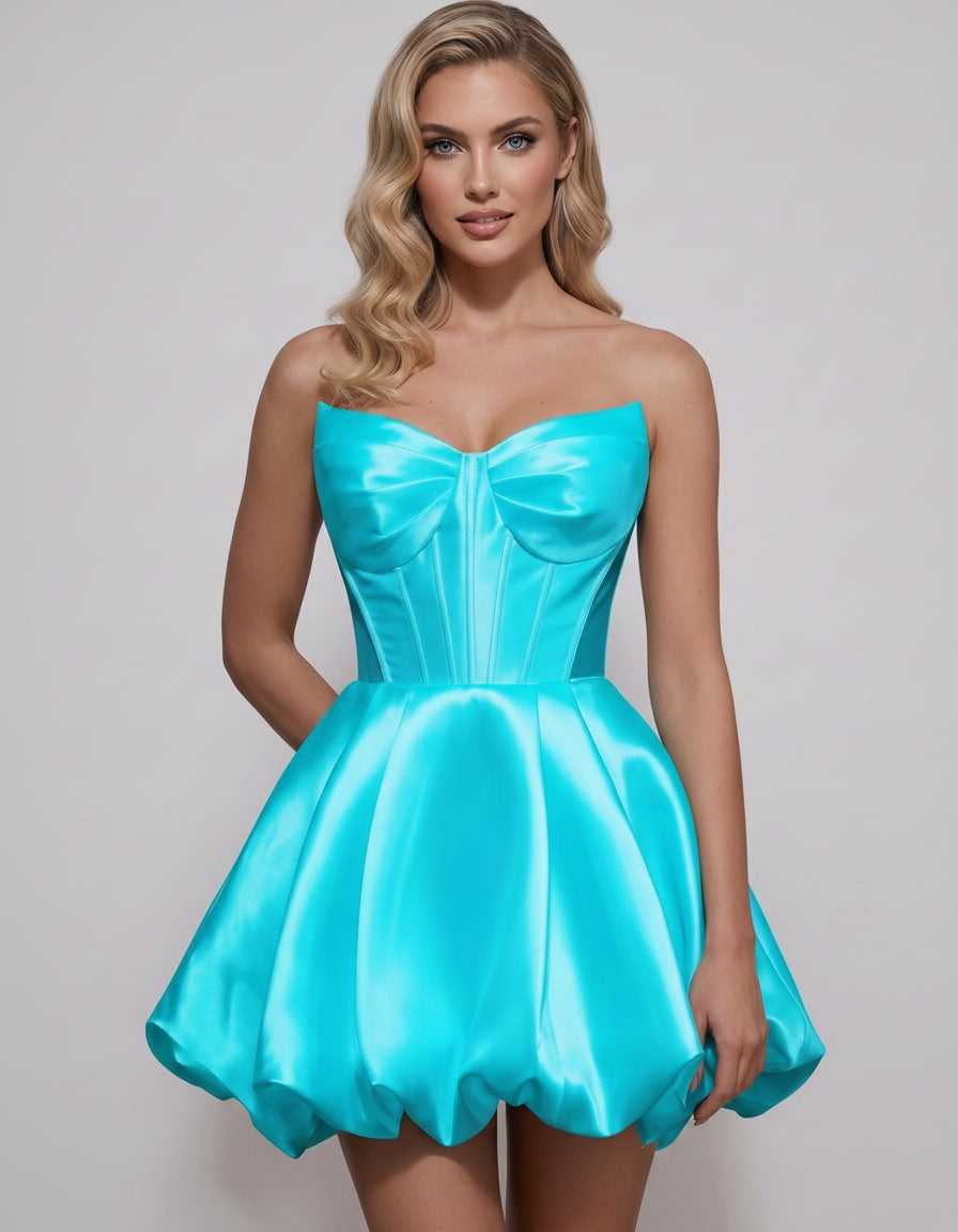 Veloura Mini Dress by Lauven — satin strapless sweetheart A-line mini dress