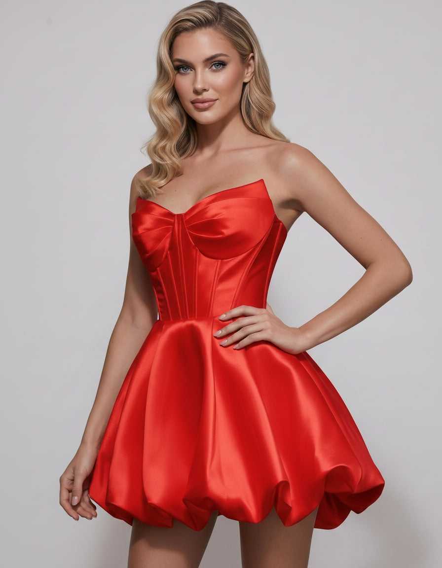 Veloura Mini Dress by Lauven — satin strapless sweetheart A-line mini dress