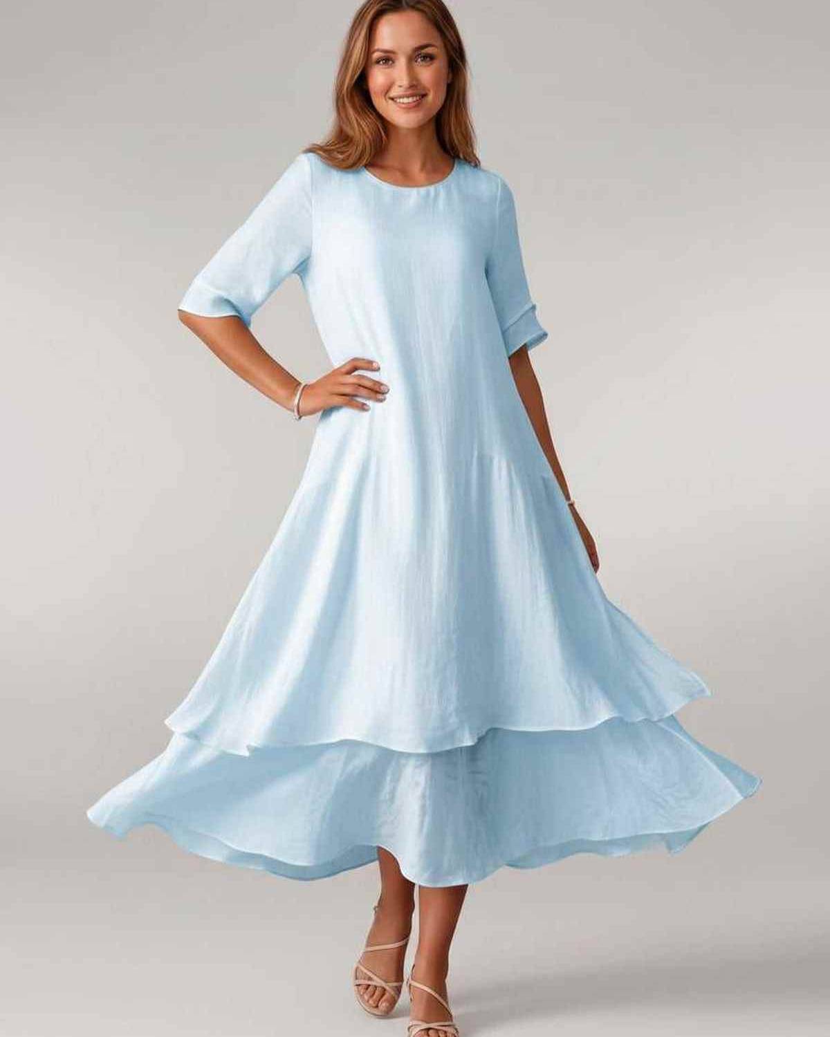 Aurelia Midi Dress by Lauven — lightweight short sleeve round neck layered midi dress