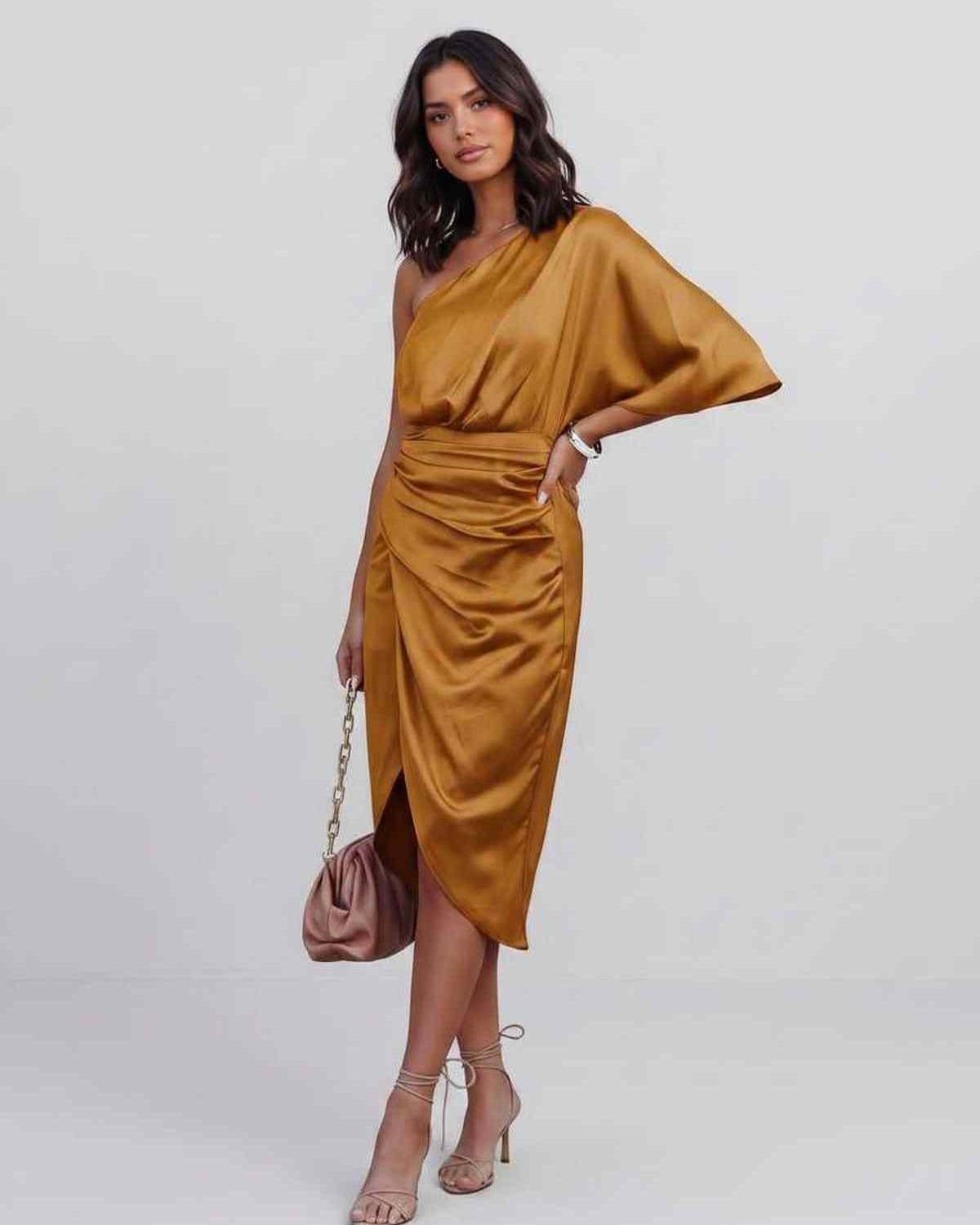 Veloura Midi Dress by Lauven — satin one shoulder draped midi dress with slit