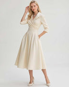 Serelune Midi Dress by Lauven — satin blend 3/4 sleeve V-neck A-line midi dress
