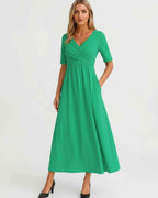 Velmira Midi Dress by Lauven — soft stretch short sleeve V-neck A-line midi dress