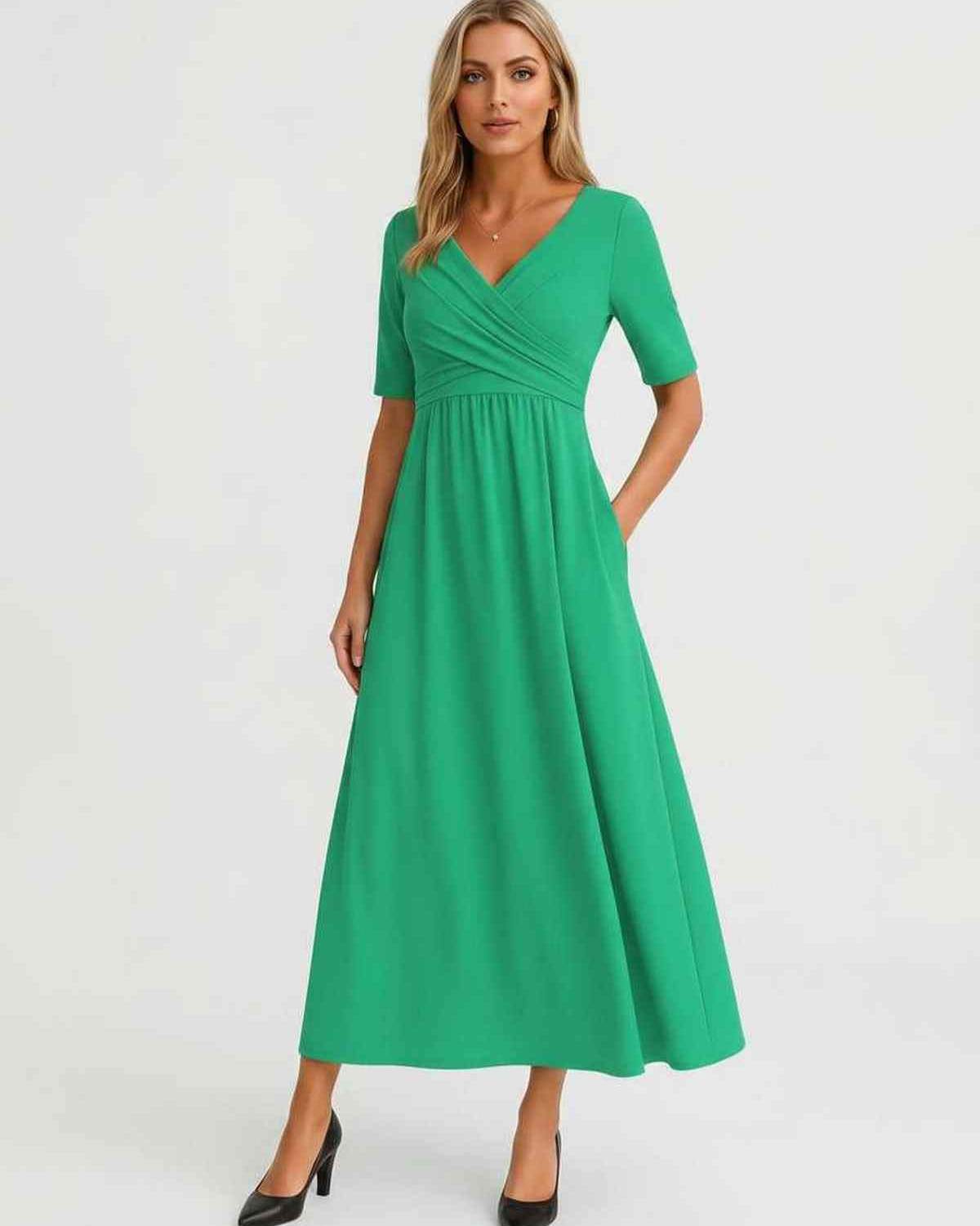 Velmira Midi Dress by Lauven — soft stretch short sleeve V-neck A-line midi dress