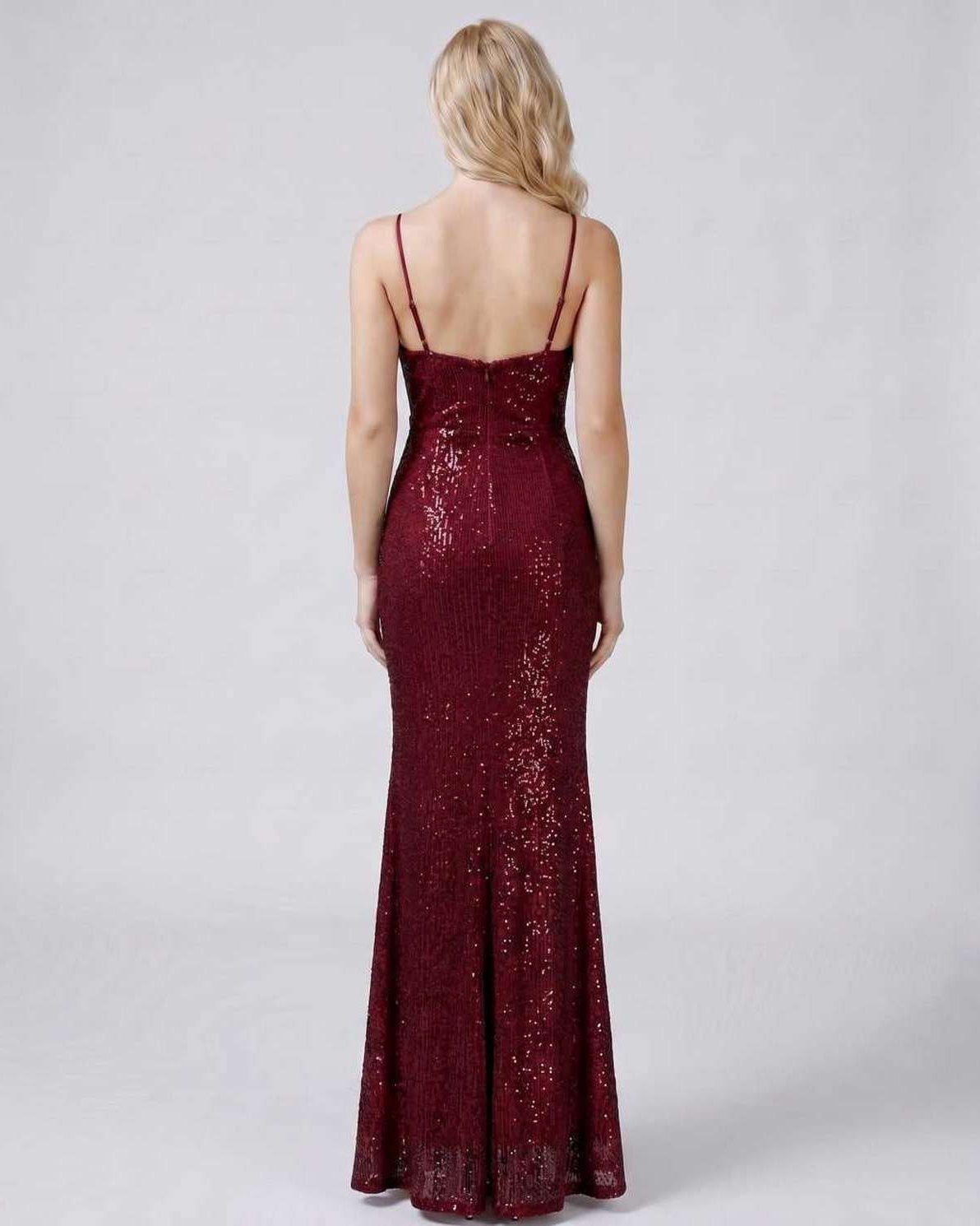 Celeste Maxi Dress by Lauven — sequin sleeveless V-neck mermaid maxi dress with spaghetti straps and front slit