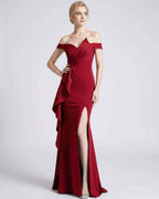 Veloura Maxi Dress by Lauven — polyester spandex off-the-shoulder mermaid maxi dress with slit