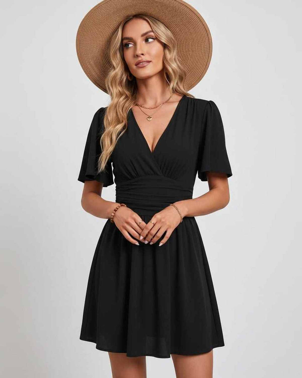Calista Mini Dress by Lauven — chiffon ruffled short sleeve V-neck A-line mini dress