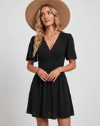 Calista Mini Dress by Lauven — chiffon ruffled short sleeve V-neck A-line mini dress