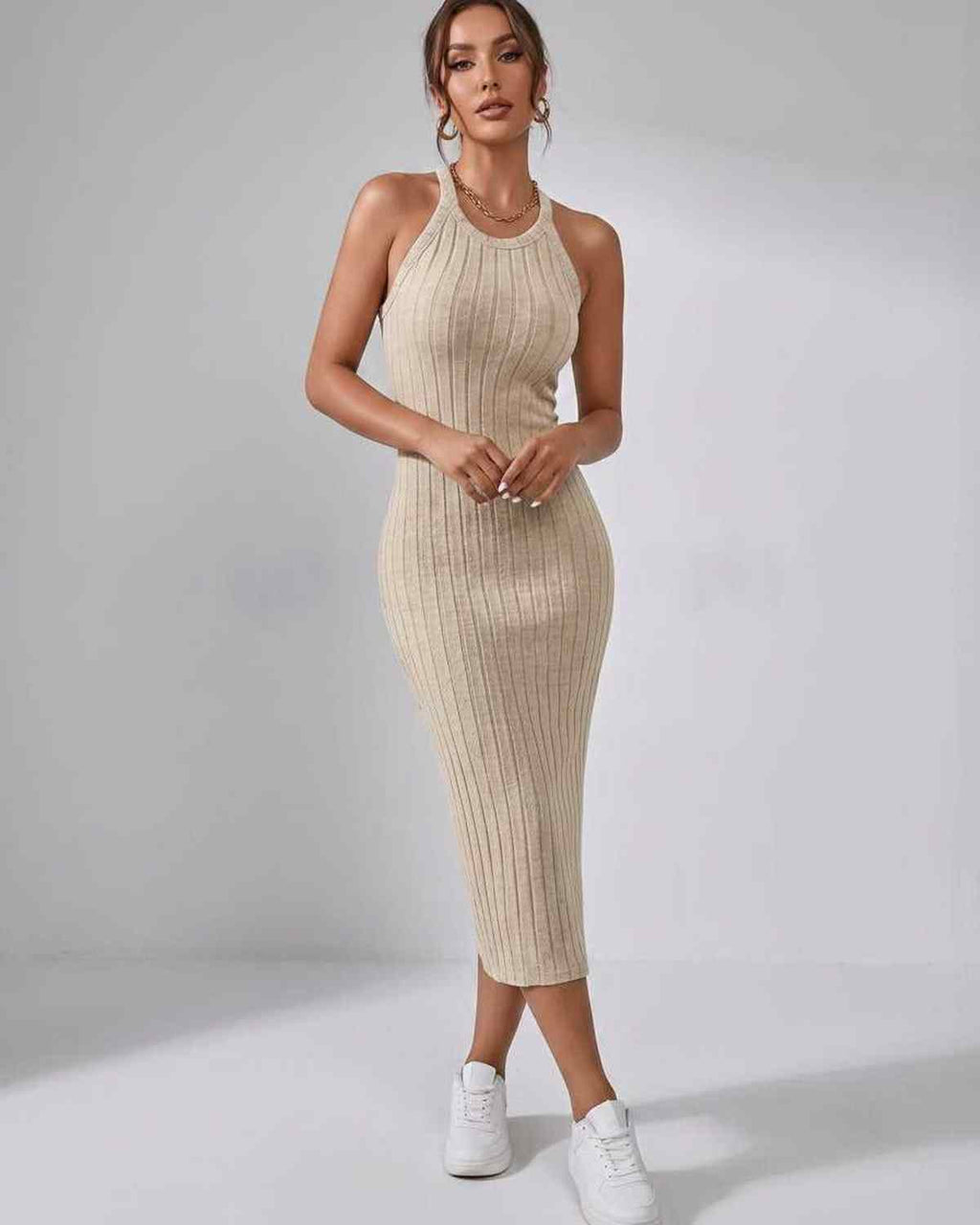 Lunara Midi Dress by Lauven — ribbed knit sleeveless crew neck slim-fit midi dress