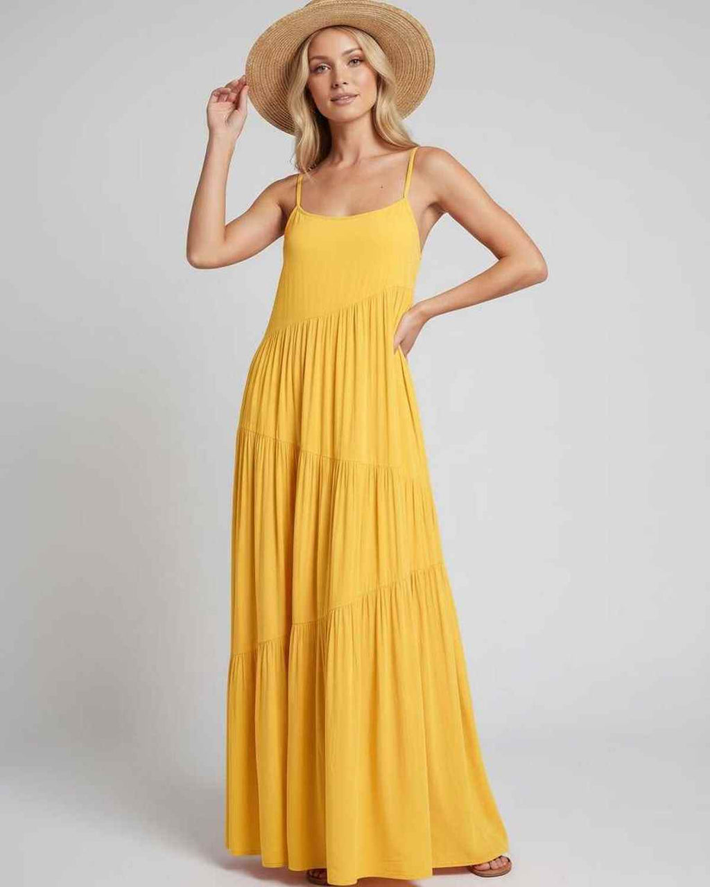 Solenne Maxi Dress by Lauven — rayon blend sleeveless scoop neck tiered A-line maxi dress