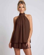 Celestia Mini Dress by Lauven — chiffon sleeveless halter neck mini dress