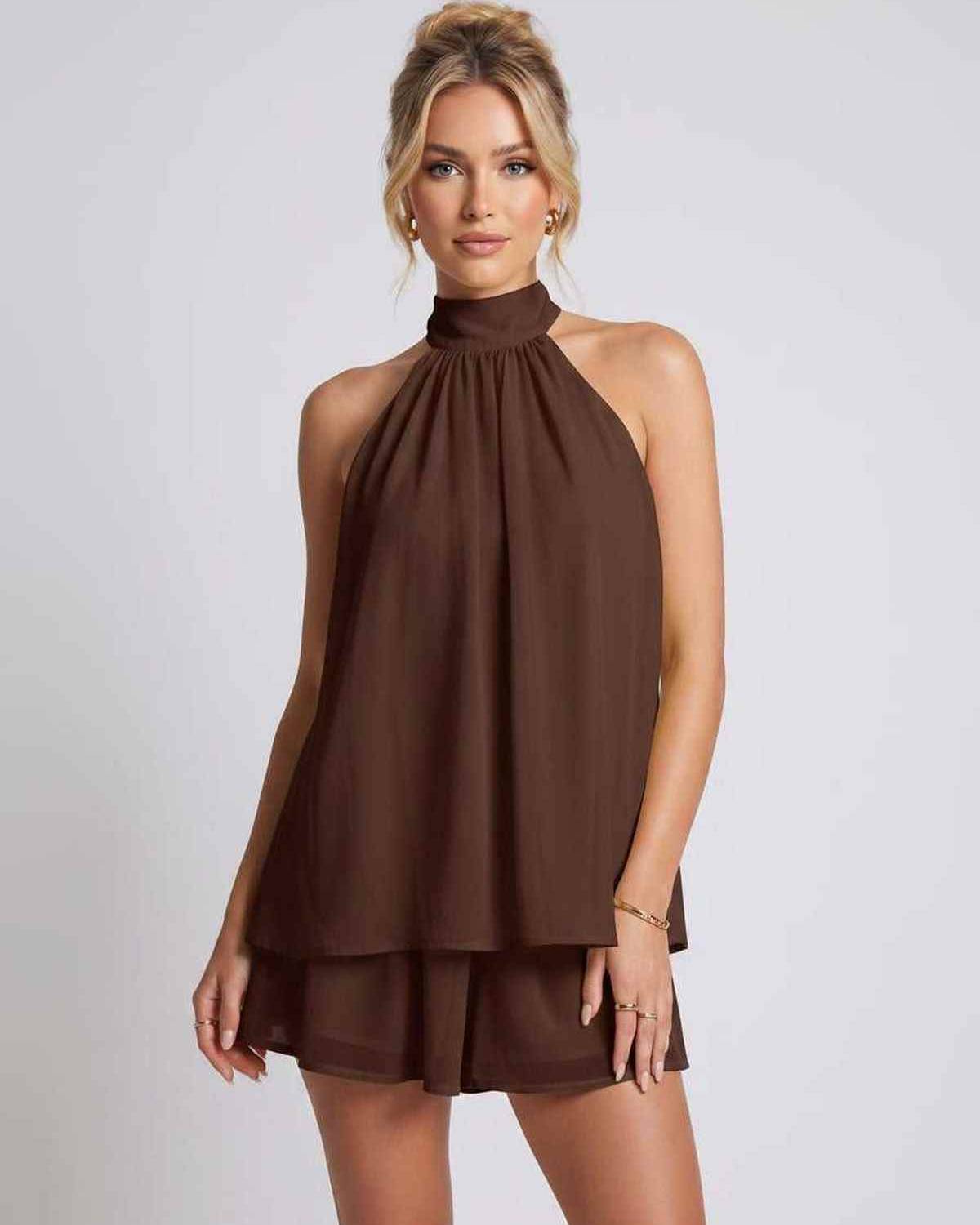 Celestia Mini Dress by Lauven — chiffon sleeveless halter neck mini dress