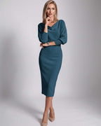 Serene Midi Dress by Lauven — knit batwing sleeve cowl neck fitted midi dress