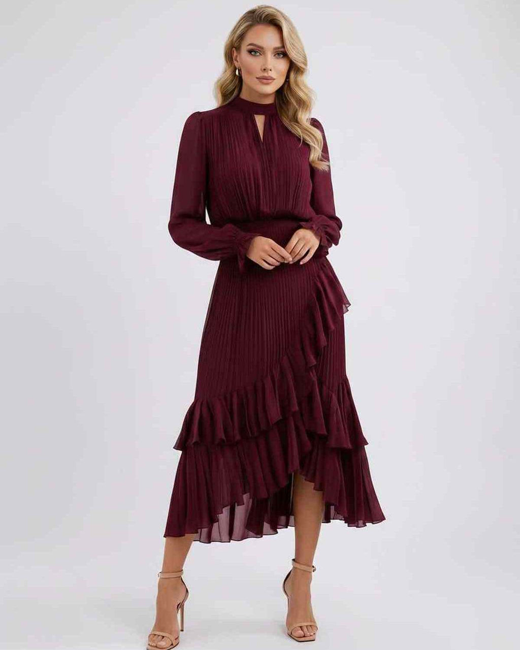 Celestia Maxi Dress by Lauven — chiffon long sleeve high neck A-line maxi dress
