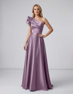 Aurevina Maxi Dress by Lauven — satin one shoulder A-line maxi dress with ruffle detail