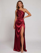Veloura Maxi Dress by Lauven — satin one-shoulder mermaid maxi dress with slit