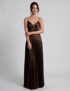 Veloura Maxi Dress by Lauven — satin spaghetti strap V-neck A-line maxi dress
