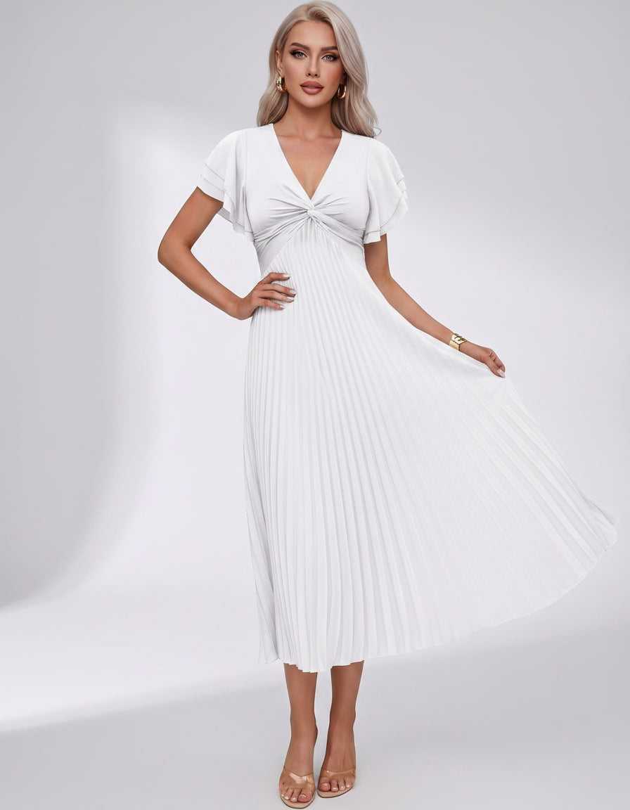 Veloura Midi Dress by Lauven — pleated chiffon flutter sleeve V-neck A-line midi dress