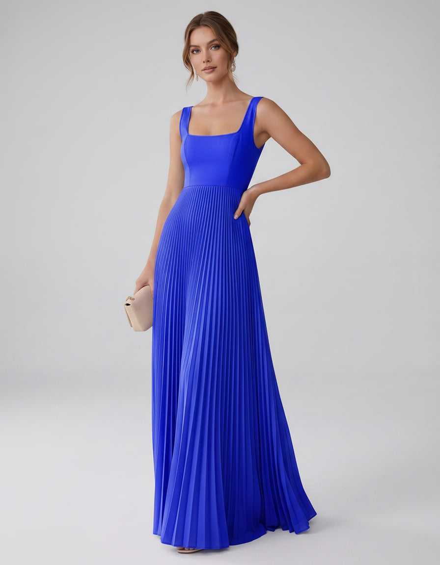 Veloura Maxi Dress by Lauven — satin chiffon sleeveless square neck pleated A-line maxi dress