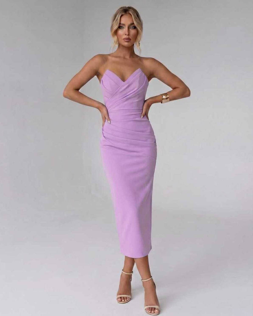 Serelle Midi Dress by Lauven — lilac smooth stretch strapless sweetheart neck fitted midi dress