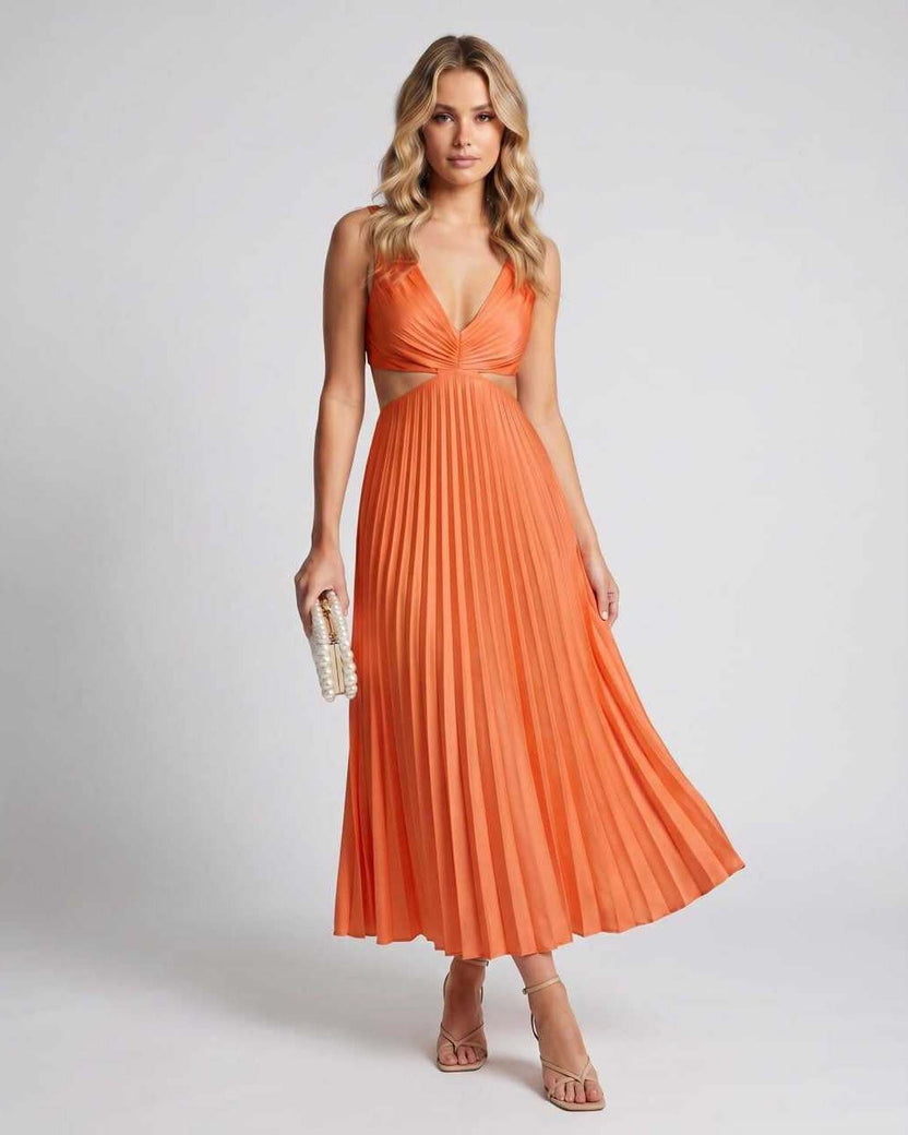 Lunara Midi Dress by Lauven — orange satin sleeveless V-neck flowing pleated midi dress