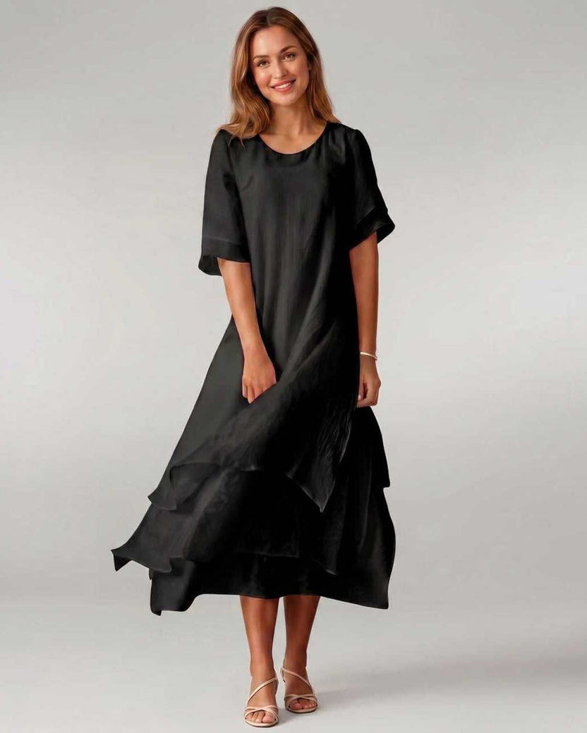 Aurelia Midi Dress by Lauven — black lightweight short sleeve round neck layered midi dress