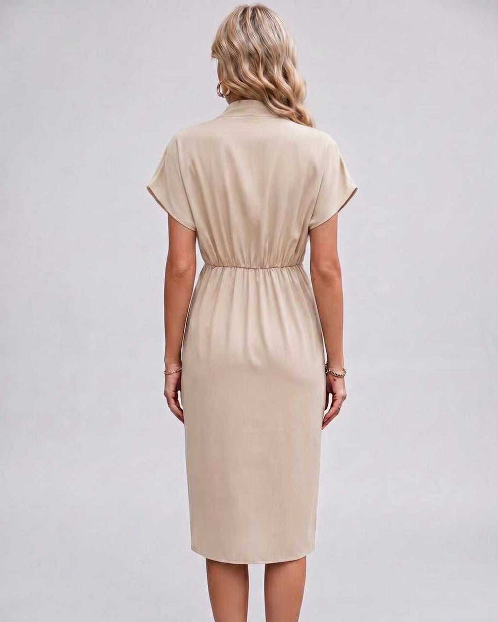 Veloura Midi Dress by Lauven — satin cap sleeve V-neck draped midi dress