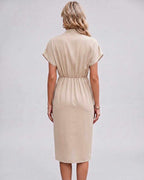 Veloura Midi Dress by Lauven — satin cap sleeve V-neck draped midi dress