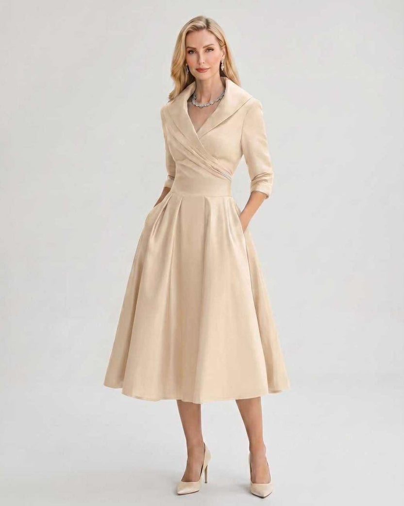 Serelune Midi Dress by Lauven — beige satin blend 3/4 sleeve V-neck A-line midi dress
