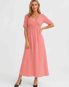 Velmira Midi Dress by Lauven — soft stretch short sleeve V-neck A-line midi dress