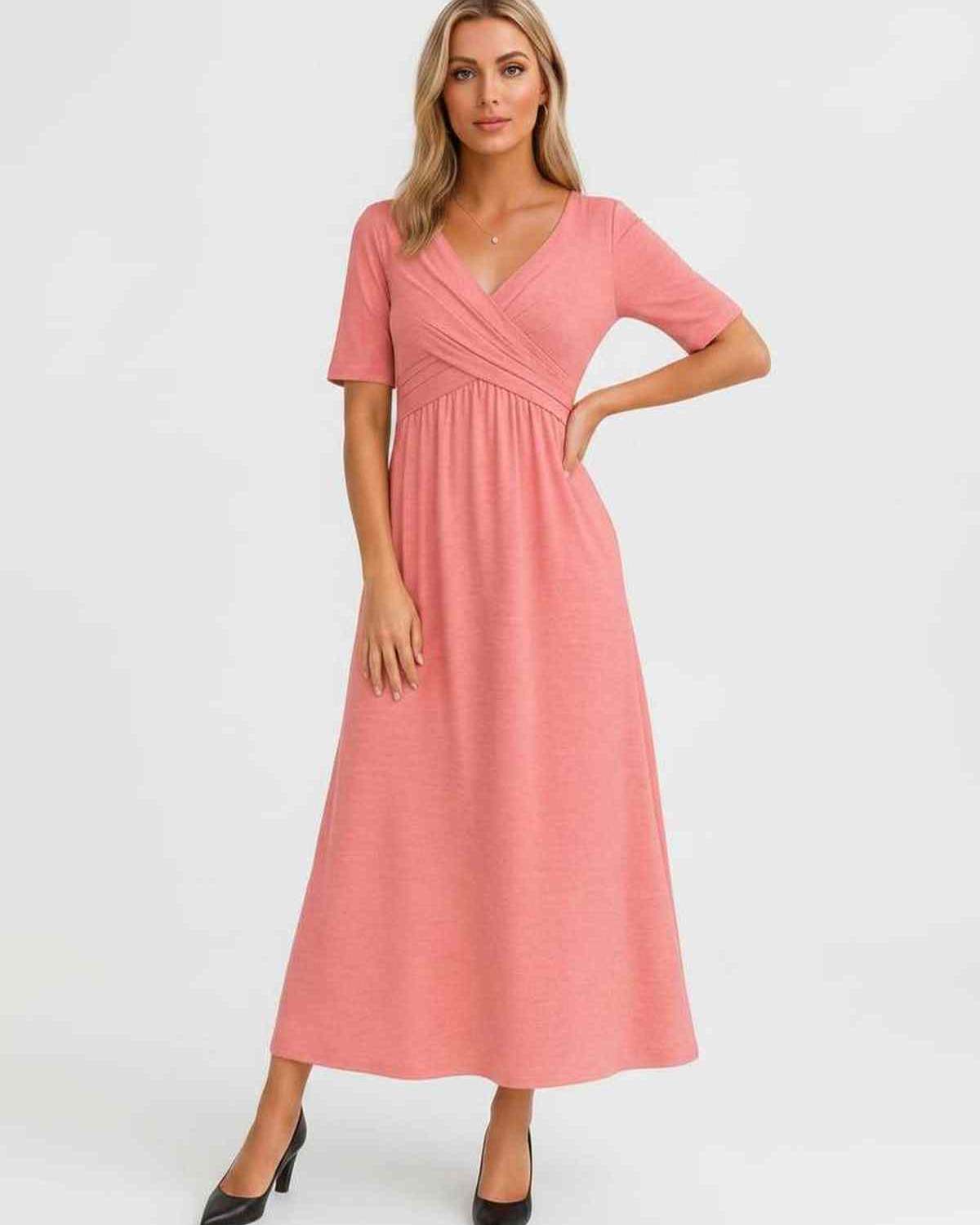 Velmira Midi Dress by Lauven — soft stretch short sleeve V-neck A-line midi dress