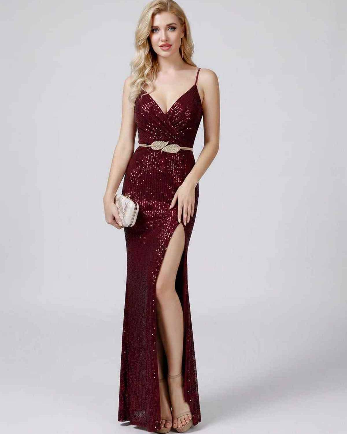 Celeste Maxi Dress by Lauven — sequin sleeveless V-neck mermaid maxi dress with spaghetti straps and front slit