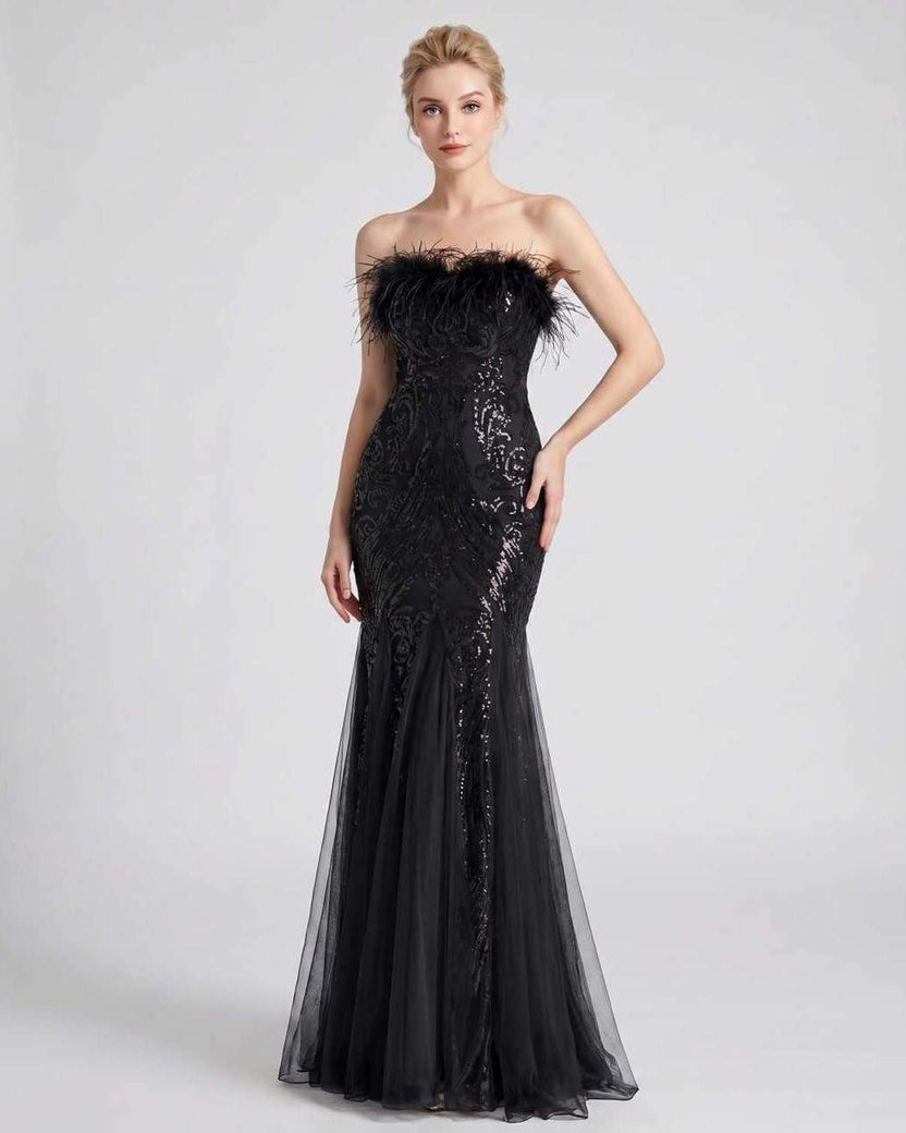 Celestia Maxi Dress by Lauven — black polyester-spandex sleeveless off-the-shoulder mermaid maxi dress