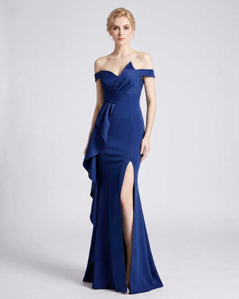 Veloura Maxi Dress by Lauven — blue polyester spandex off-the-shoulder mermaid maxi dress with slit